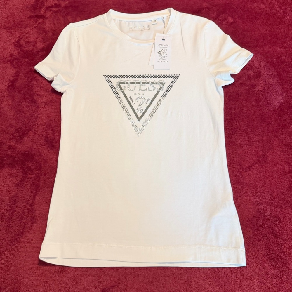 Guess Womens Organic Cotton Rhinestone Triangle Logo T-Shirt White‎ XS W1BI00